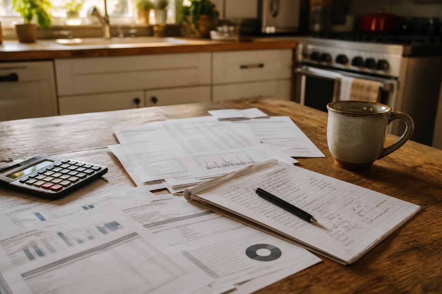 Financial papers, calculator, notebook, pen, and mug sit on a kitchen table