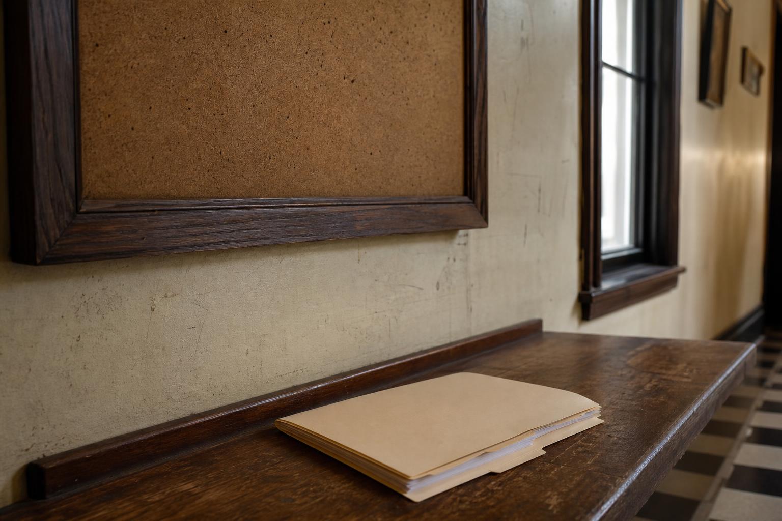 A tan folder rests on a wooden bench beneath a framed corkboard