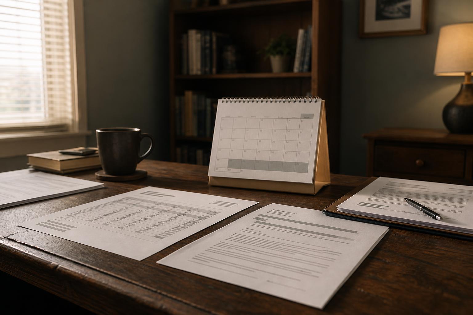 Documents, calendar, mug, and clipboard are arranged on a wooden office desk
