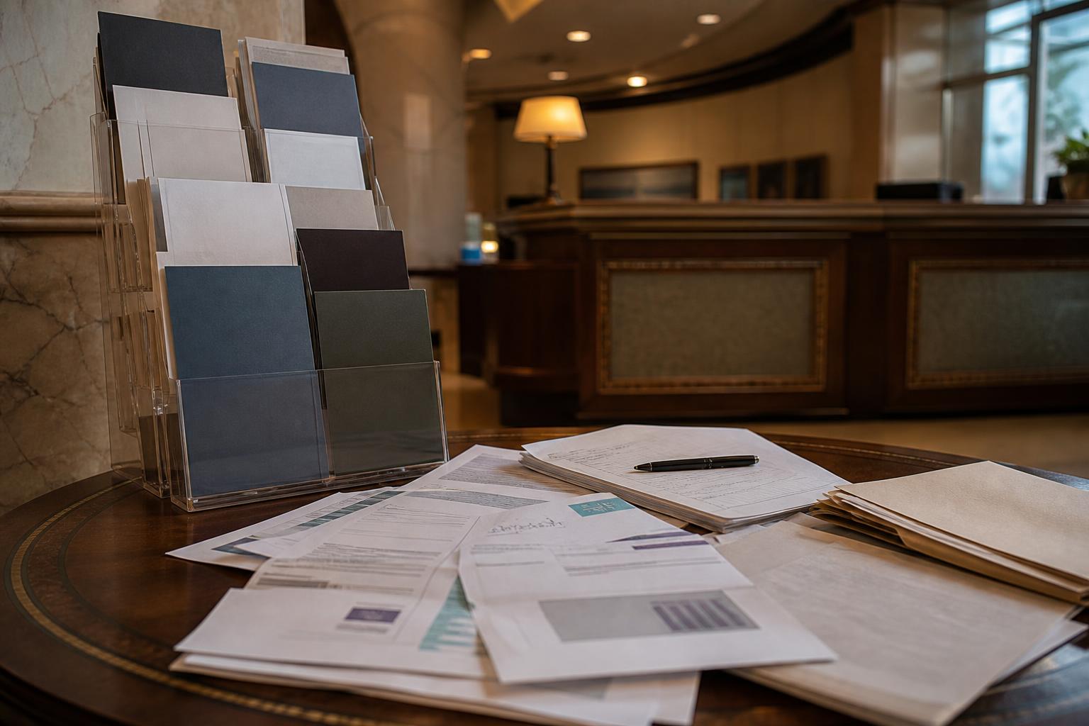 Brochures, papers, folders, and a pen sit on a table in a lobby