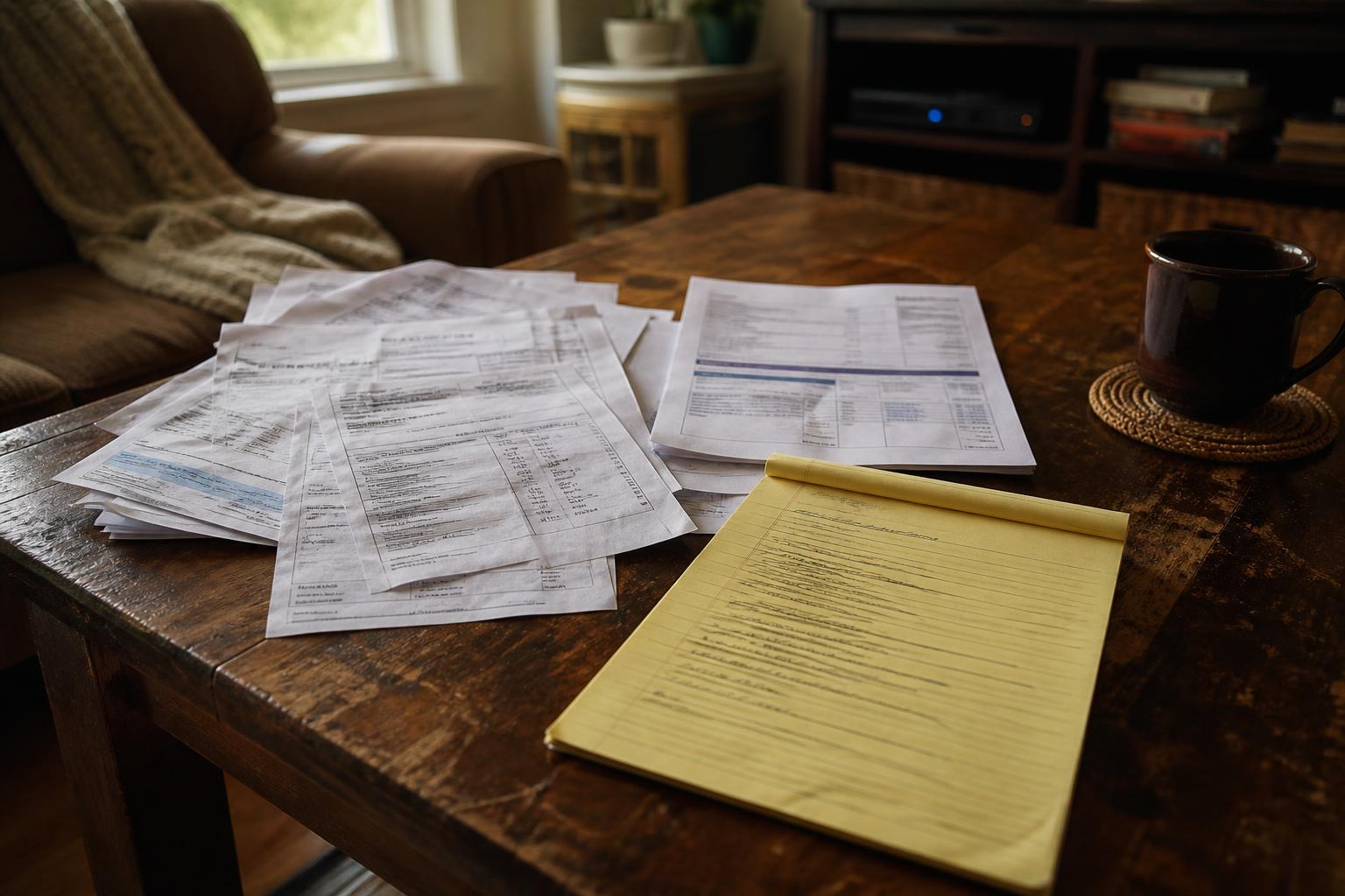 Printed forms, a yellow notepad, and a mug sit on a wooden table