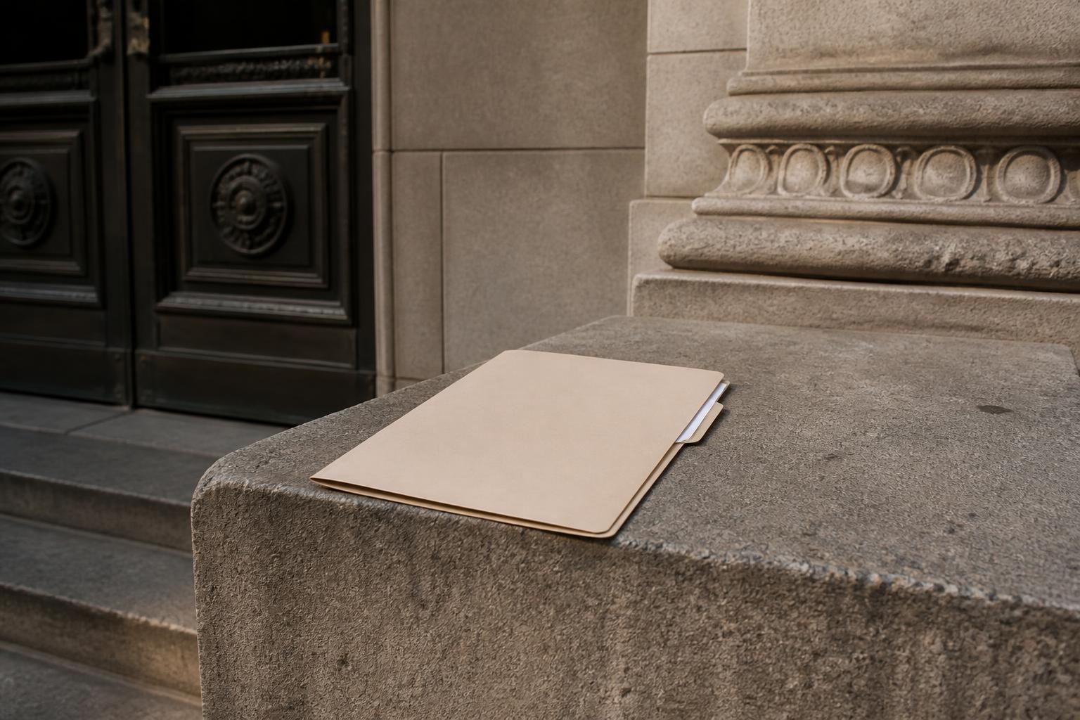 A tan folder lies on a stone ledge beside an ornate building entrance