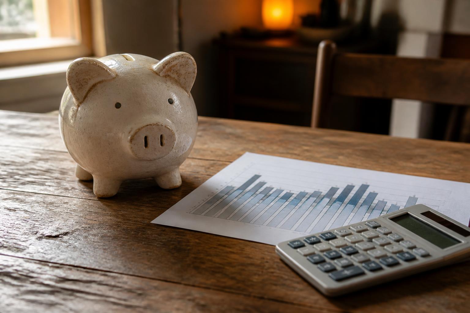 A piggy bank, chart paper, and calculator rest on a wooden table