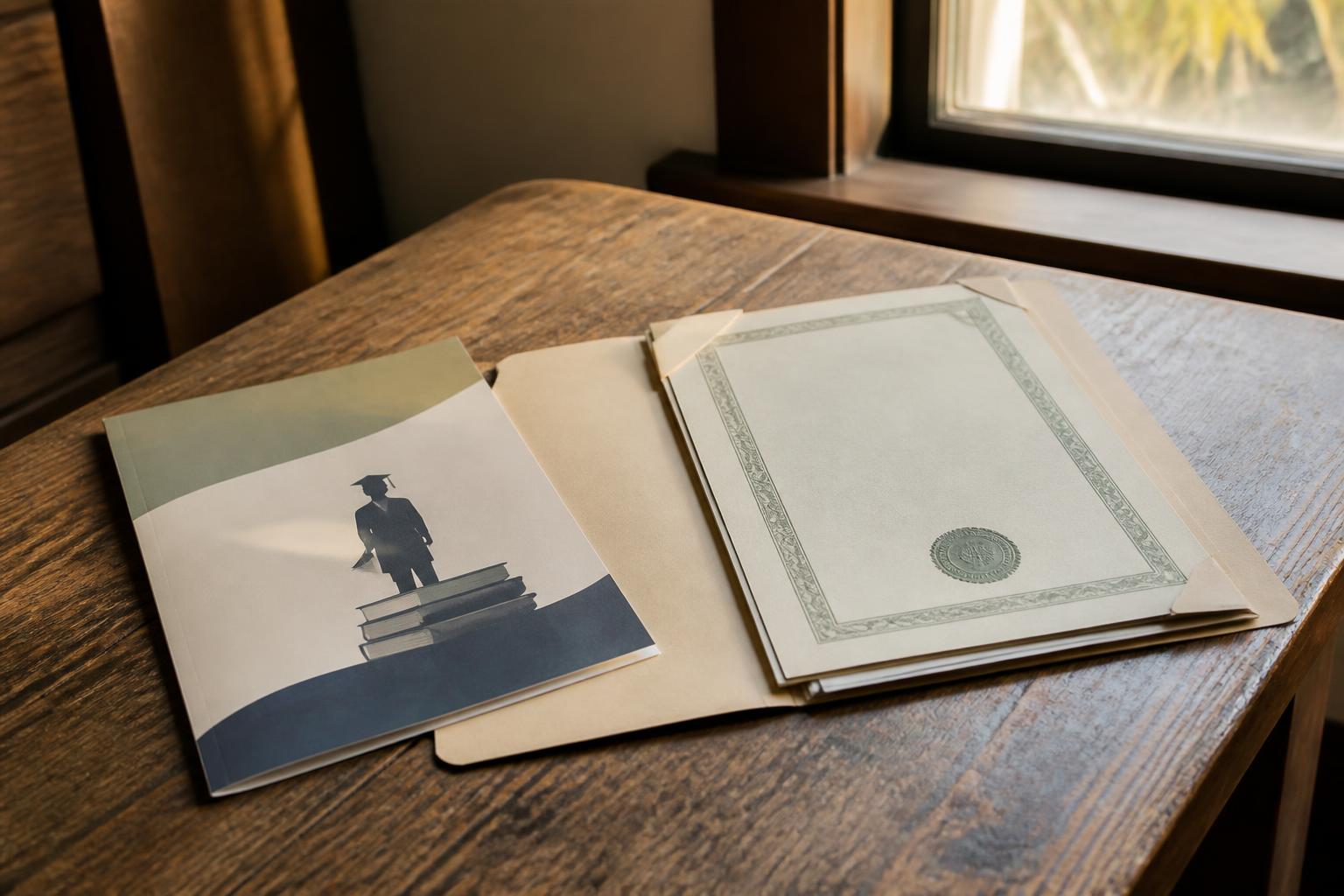 A folder, booklet, and bordered certificate lie on a wooden table