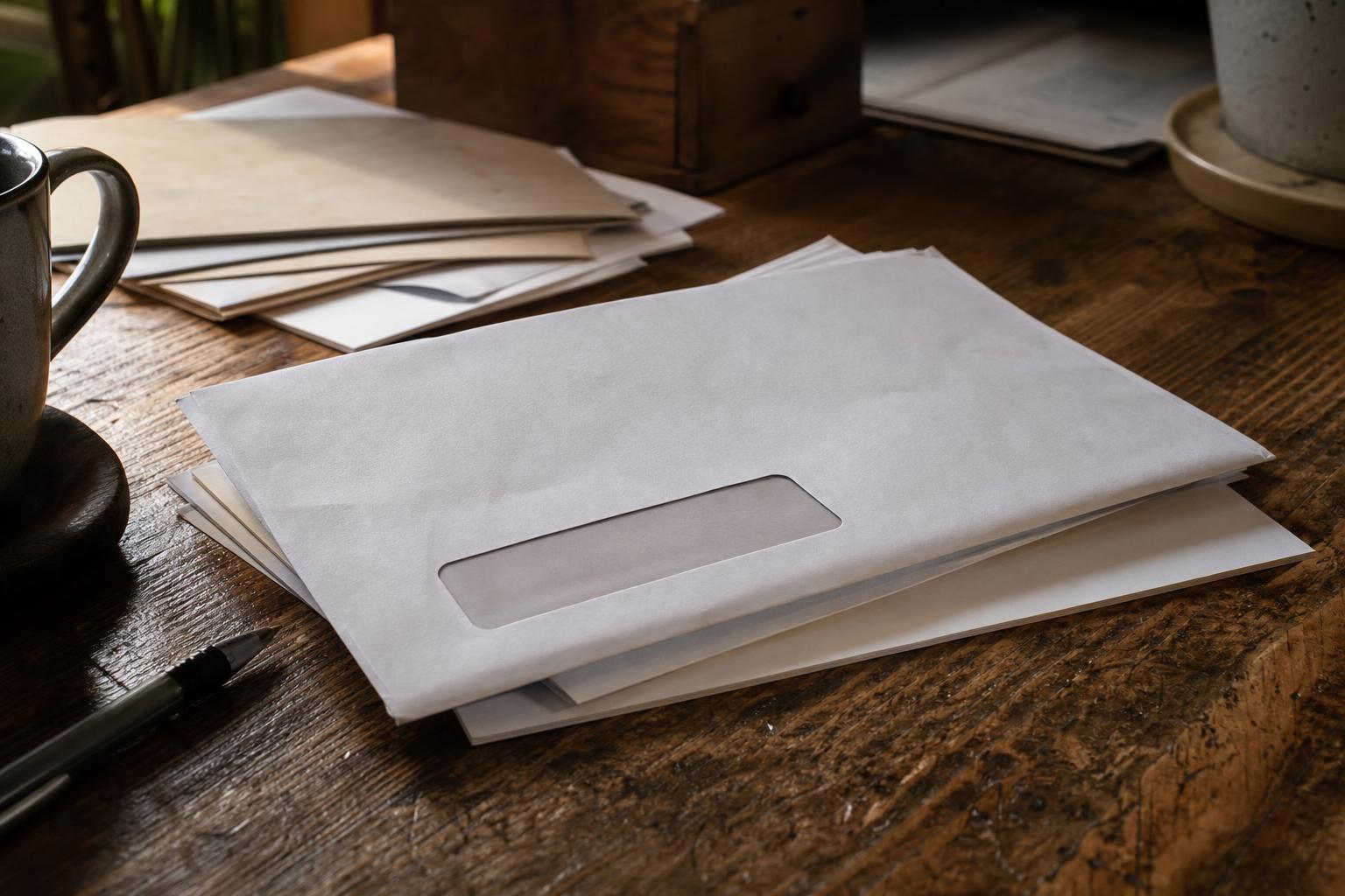 Envelopes, papers, a mug, and pen sit on a wooden table
