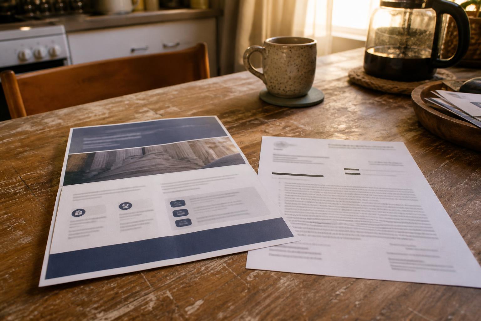 Printed documents, a mug, and a coffee pot sit on a wooden kitchen table