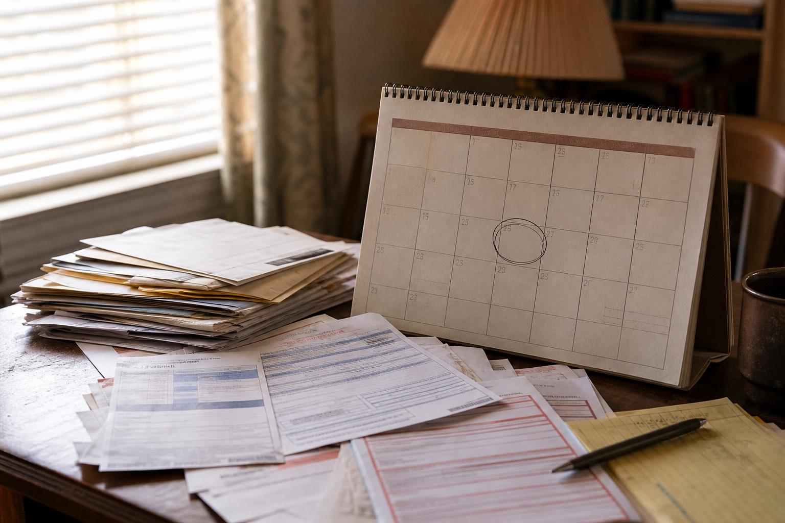 A desk holds stacked papers, forms, a calendar, and a pen near a window