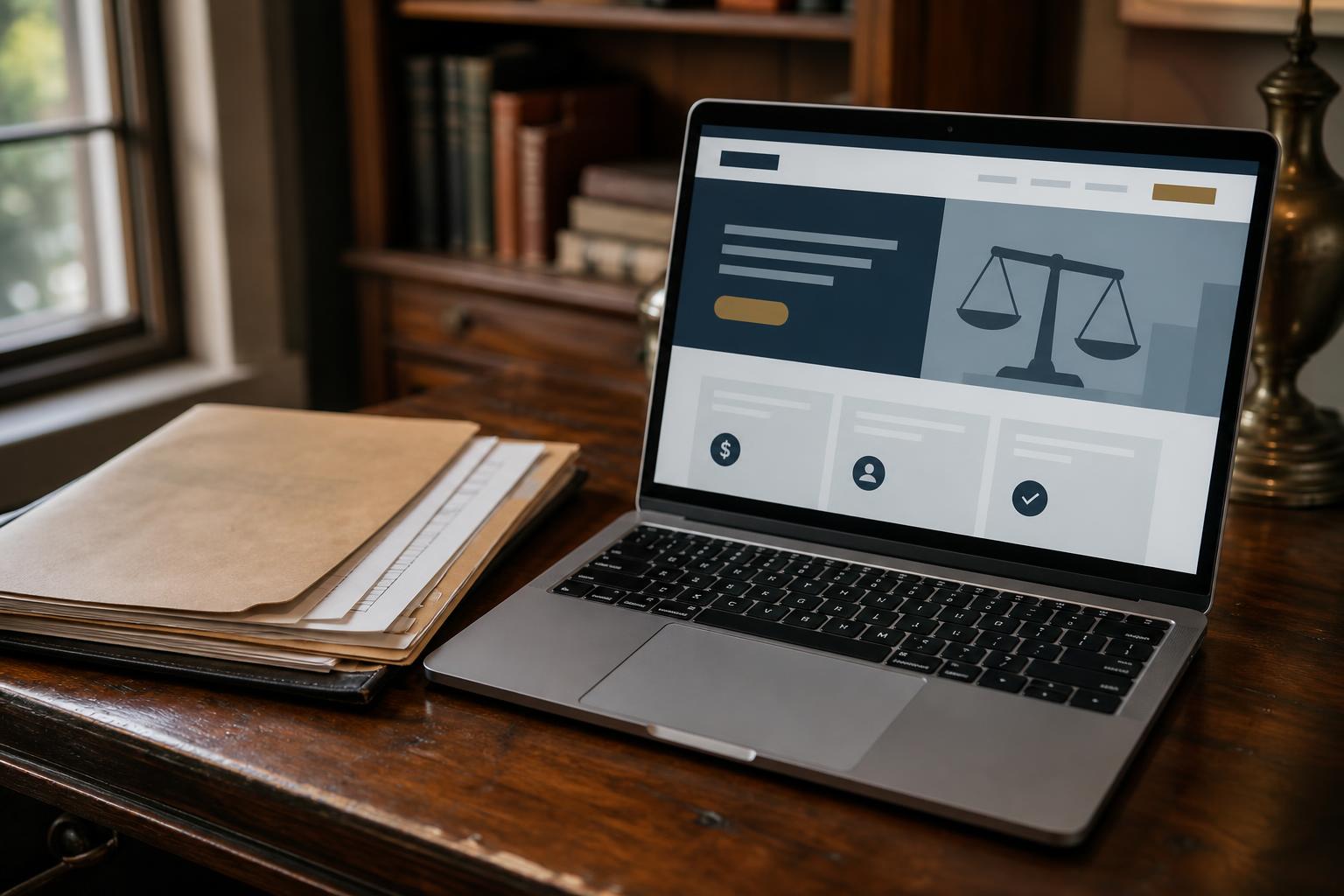 A laptop showing a website sits beside folders on a wooden desk