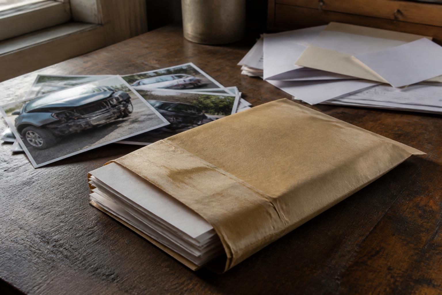Photos of damaged cars and envelopes lie on a wooden table near a window