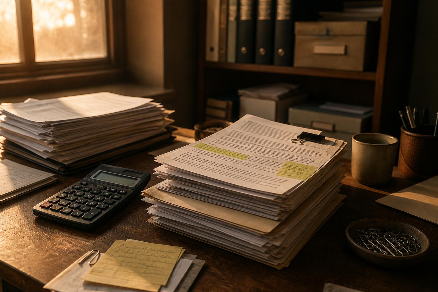 Stacks of documents, a calculator, paperclips, and folders cover a sunlit desk