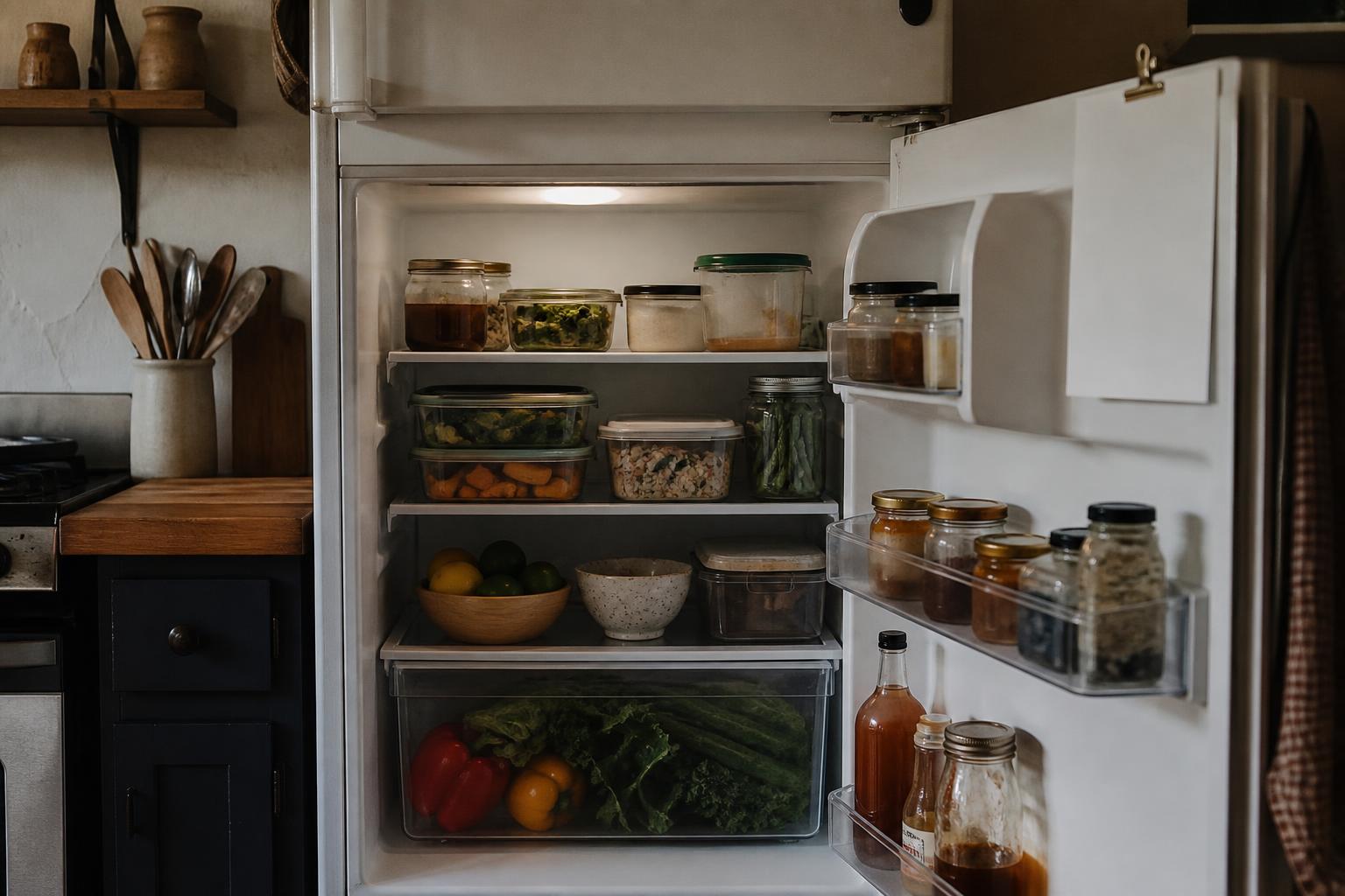 Open refrigerator contains jars, containers, vegetables, fruit, and bottles in a kitchen