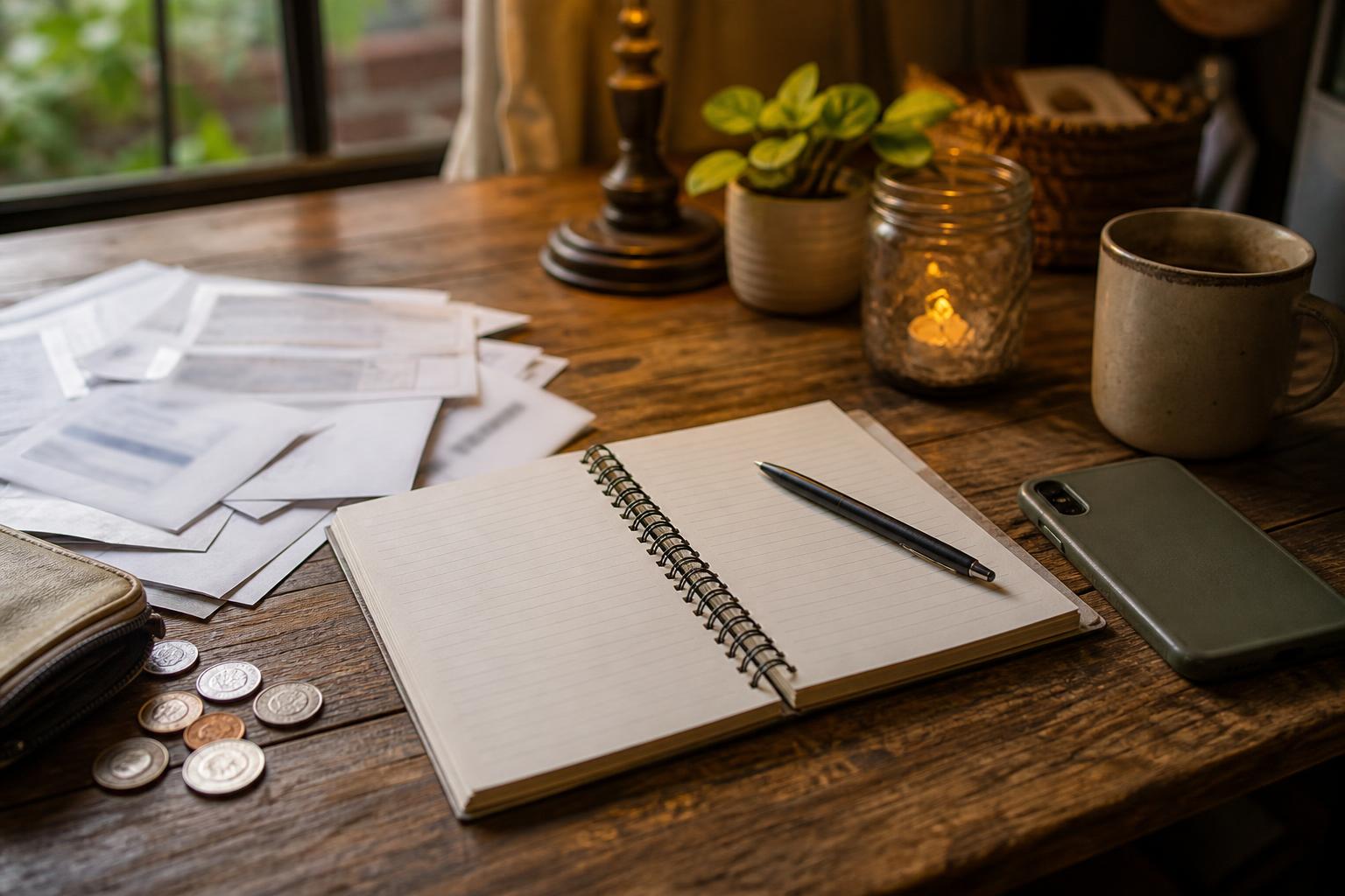 Wooden table holds papers, coins, notebook, pen, mug, phone, plant, and candle