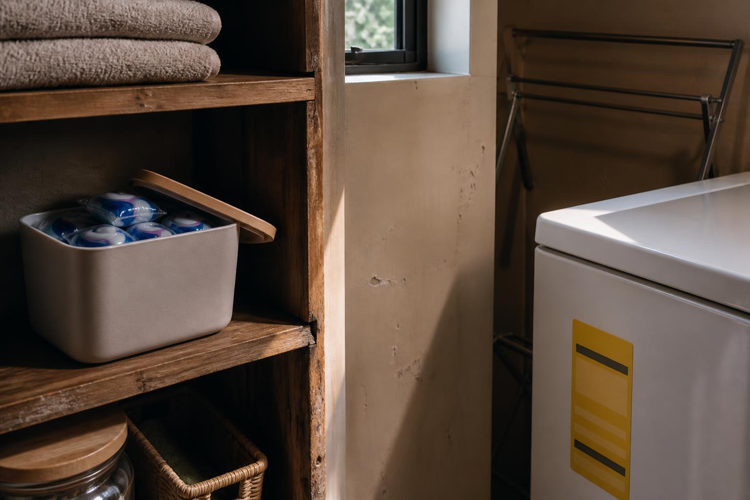 Laundry area shows shelves with towels, detergent pods, baskets, and a white appliance