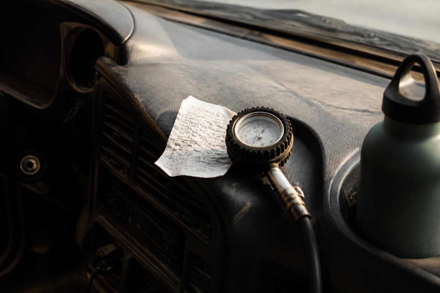 Vehicle dashboard holds a paper receipt, pressure gauge, and green water bottle