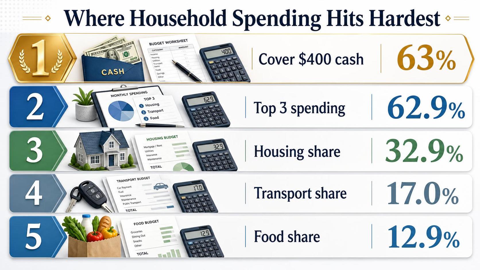 Infographic shows household spending categories with numbers, calculators, papers, and percentage values