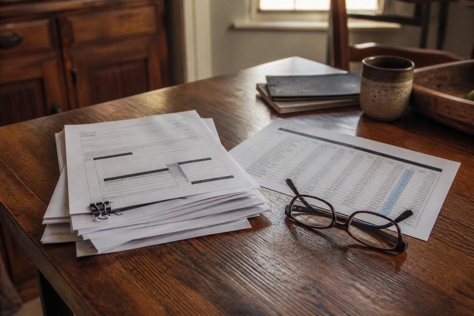 Stacks of papers, eyeglasses, folders, and a mug sit on a wooden table
