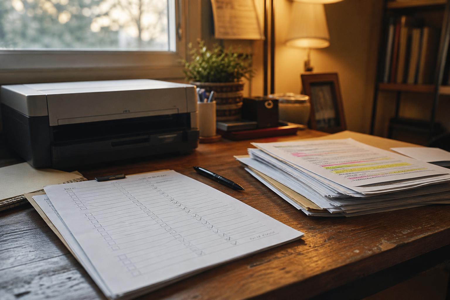 Printer, checklist, pen, and highlighted documents sit on a wooden office desk