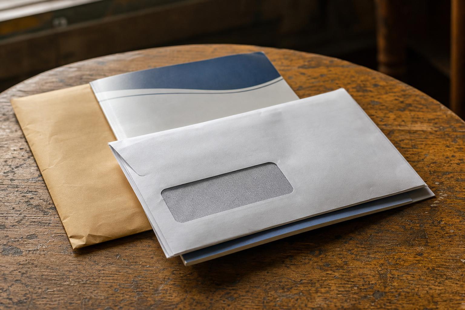 Envelopes and folders are stacked on a round wooden table