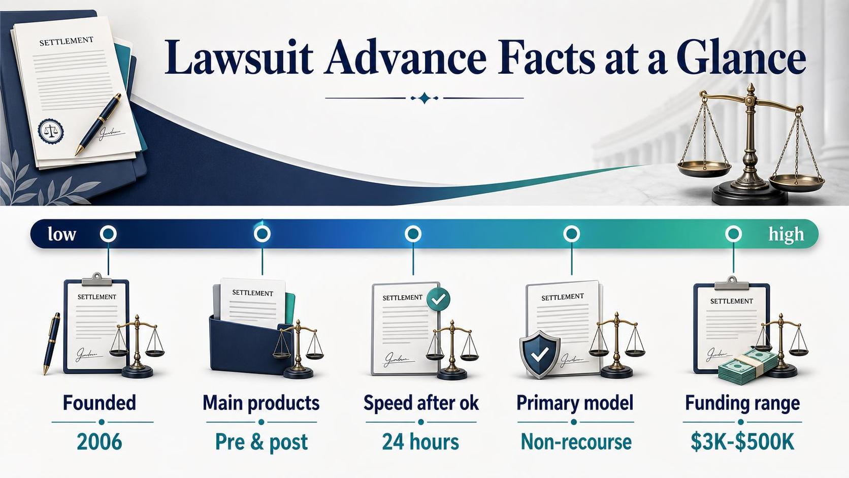 Infographic shows lawsuit advance facts with settlement documents, scales, icons, and funding range