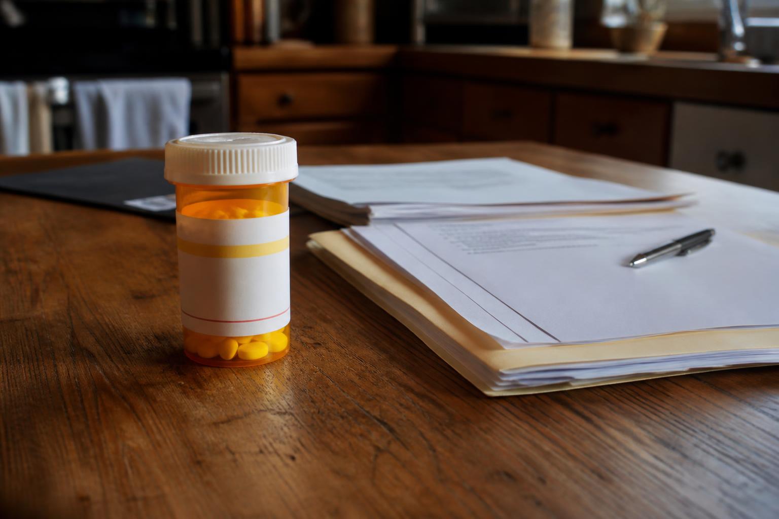 Orange prescription pill bottle and stacked paper documents with a pen on a wooden table