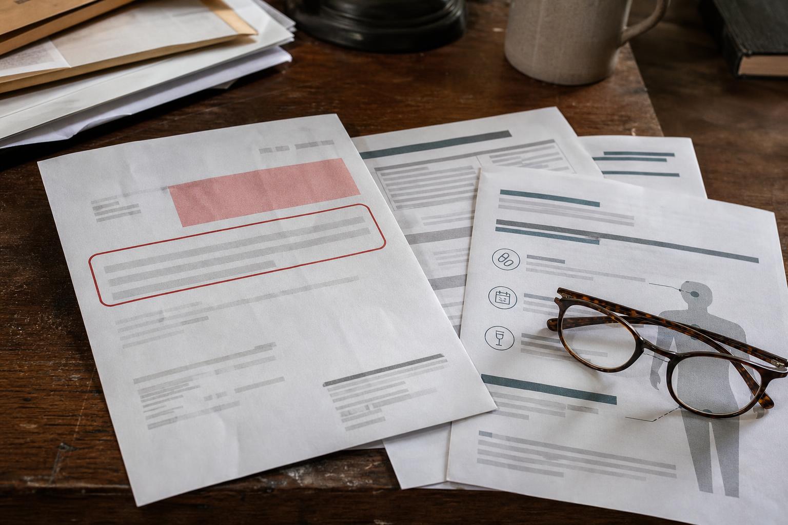 Printed medical forms and a pair of tortoiseshell eyeglasses on a dark wooden desk with a mug