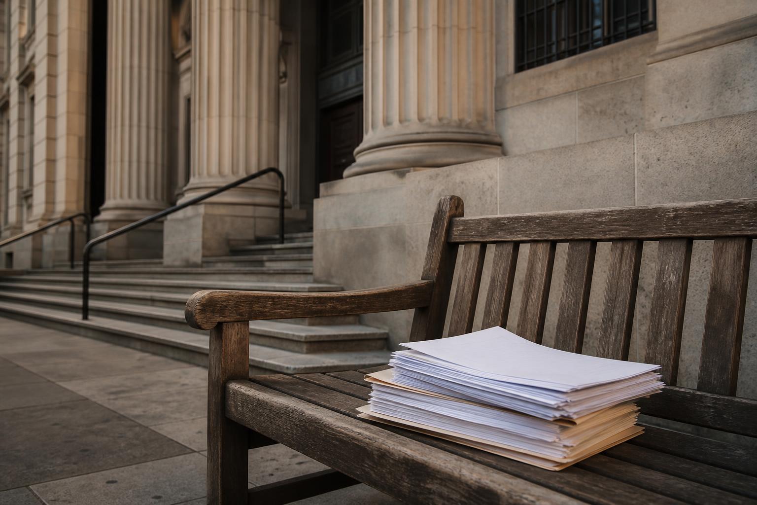 Stack of papers in a manila folder on a wooden bench outside a stone columned building