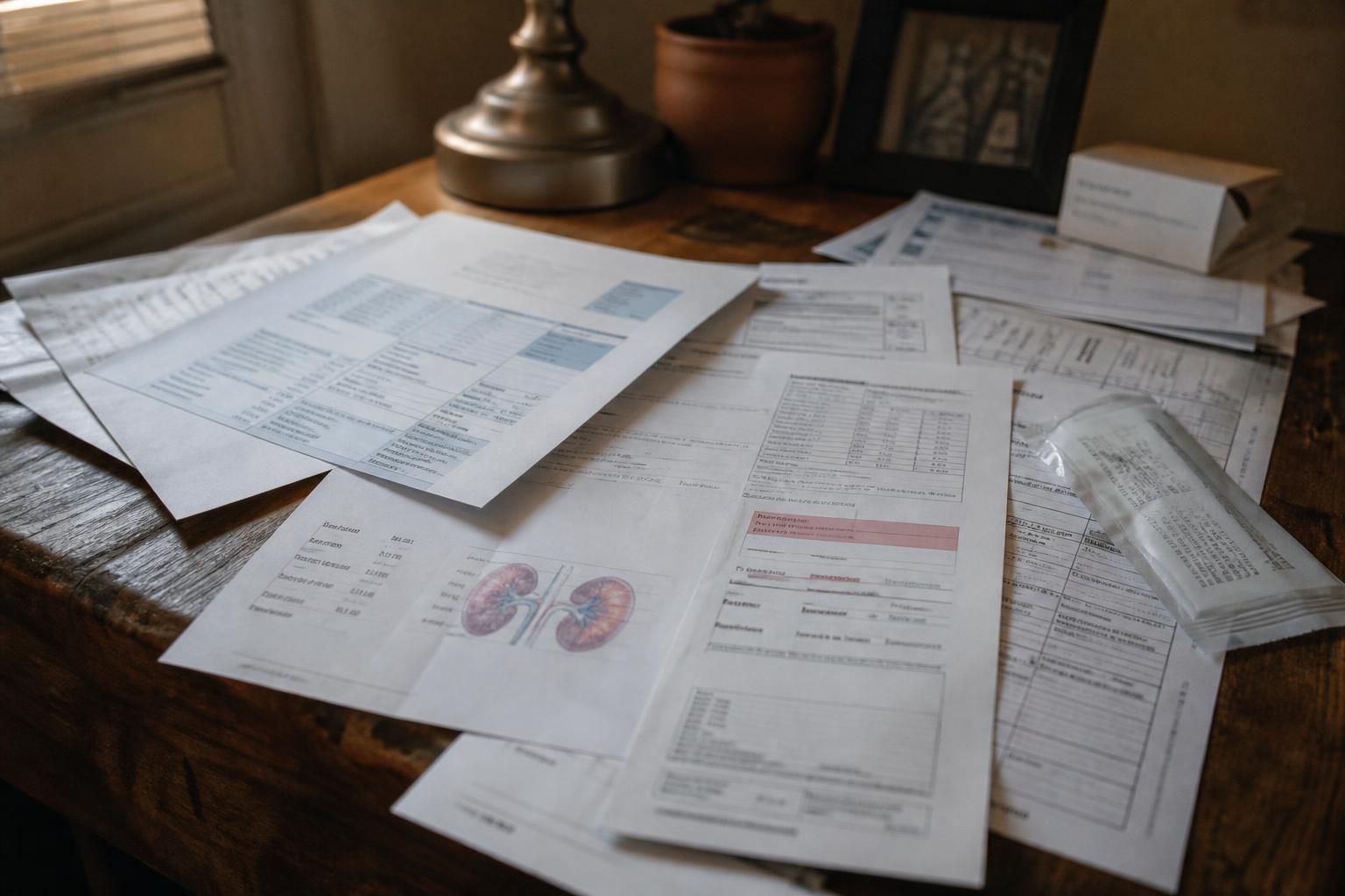 Medical documents with a kidney diagram spread across a wooden desk near a lamp and potted plant