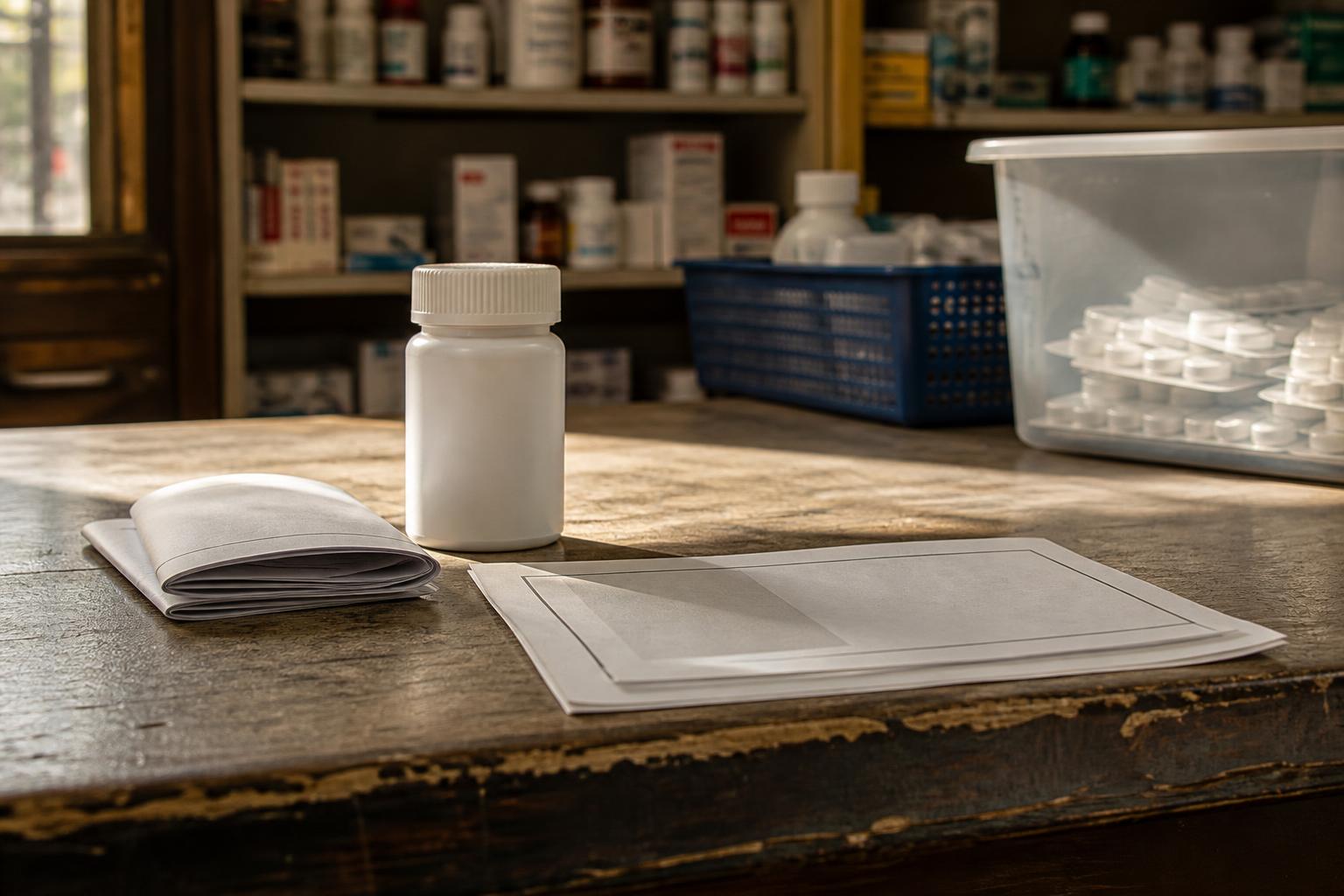 White pill bottle, folded papers, and an envelope on a pharmacy counter with shelves behind