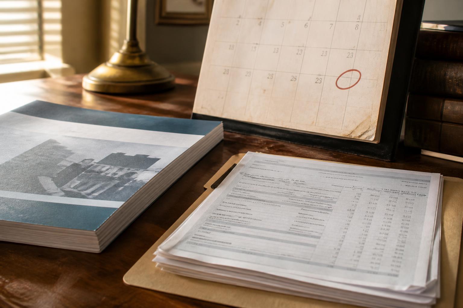 Desk calendar with a circled date, a booklet with a courthouse photo, and spreadsheet documents on a wooden desk