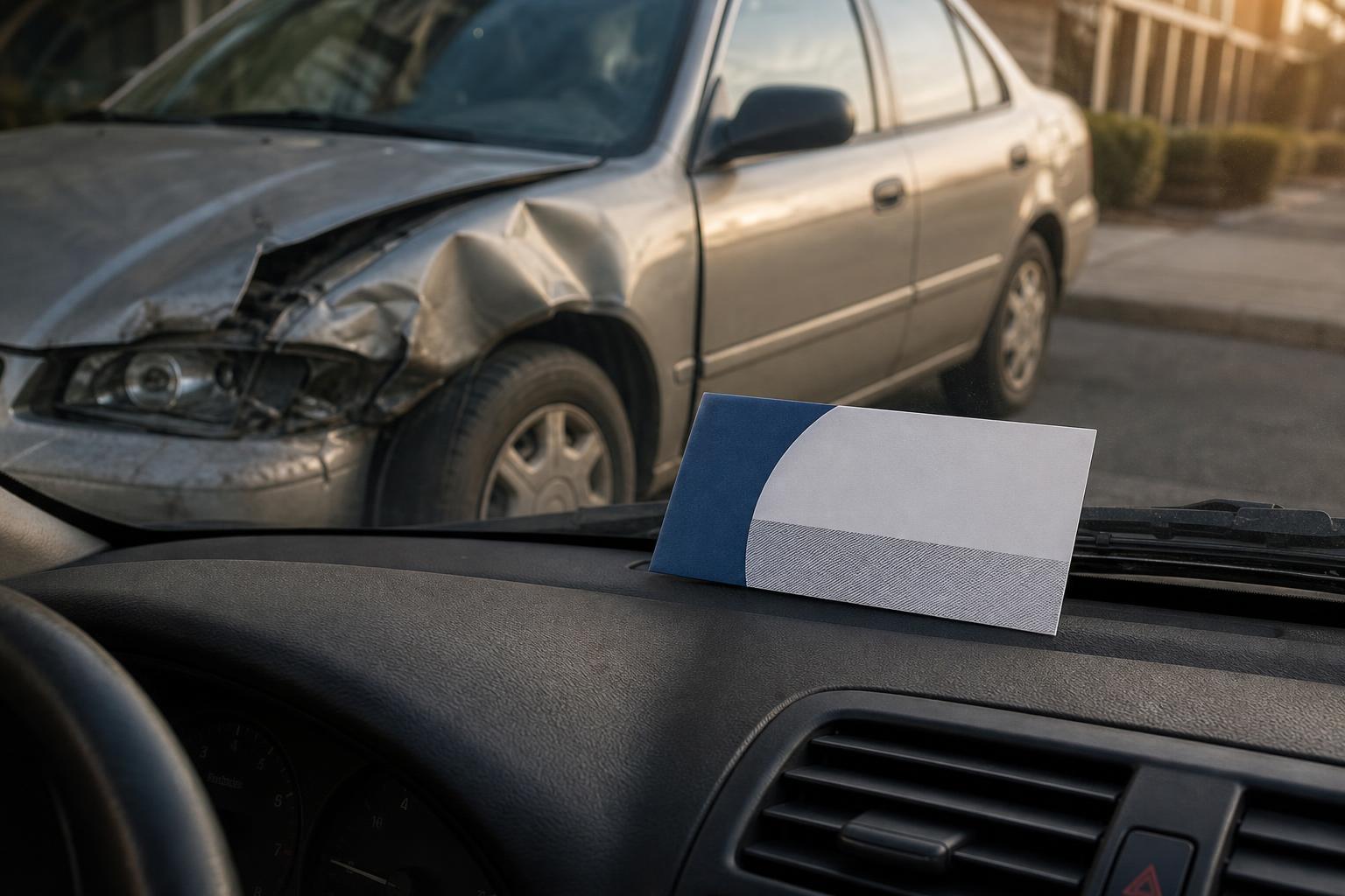 A damaged silver car is visible through a windshield with a card on the dashboard