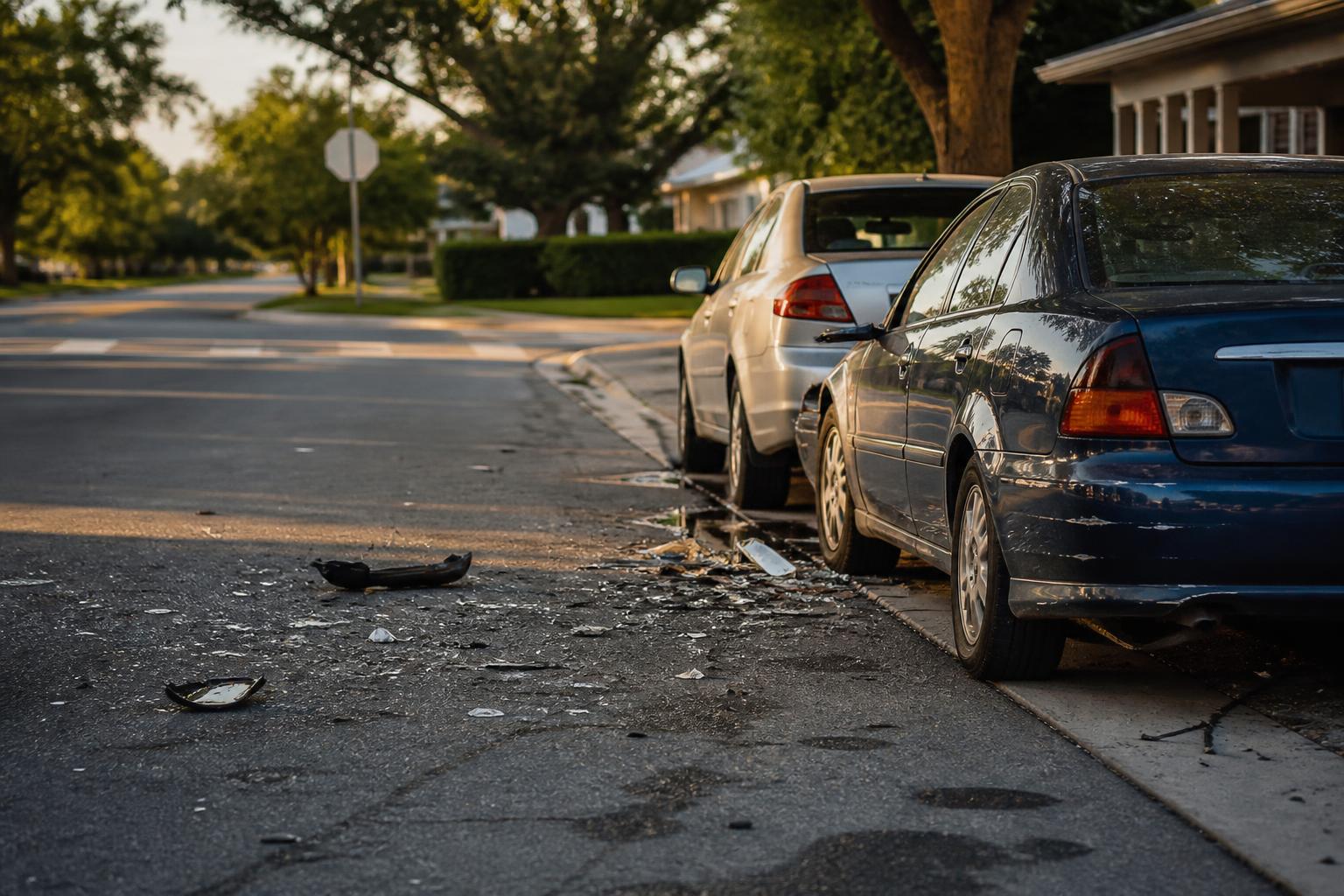 Two parked cars line a residential street with broken debris scattered on the road