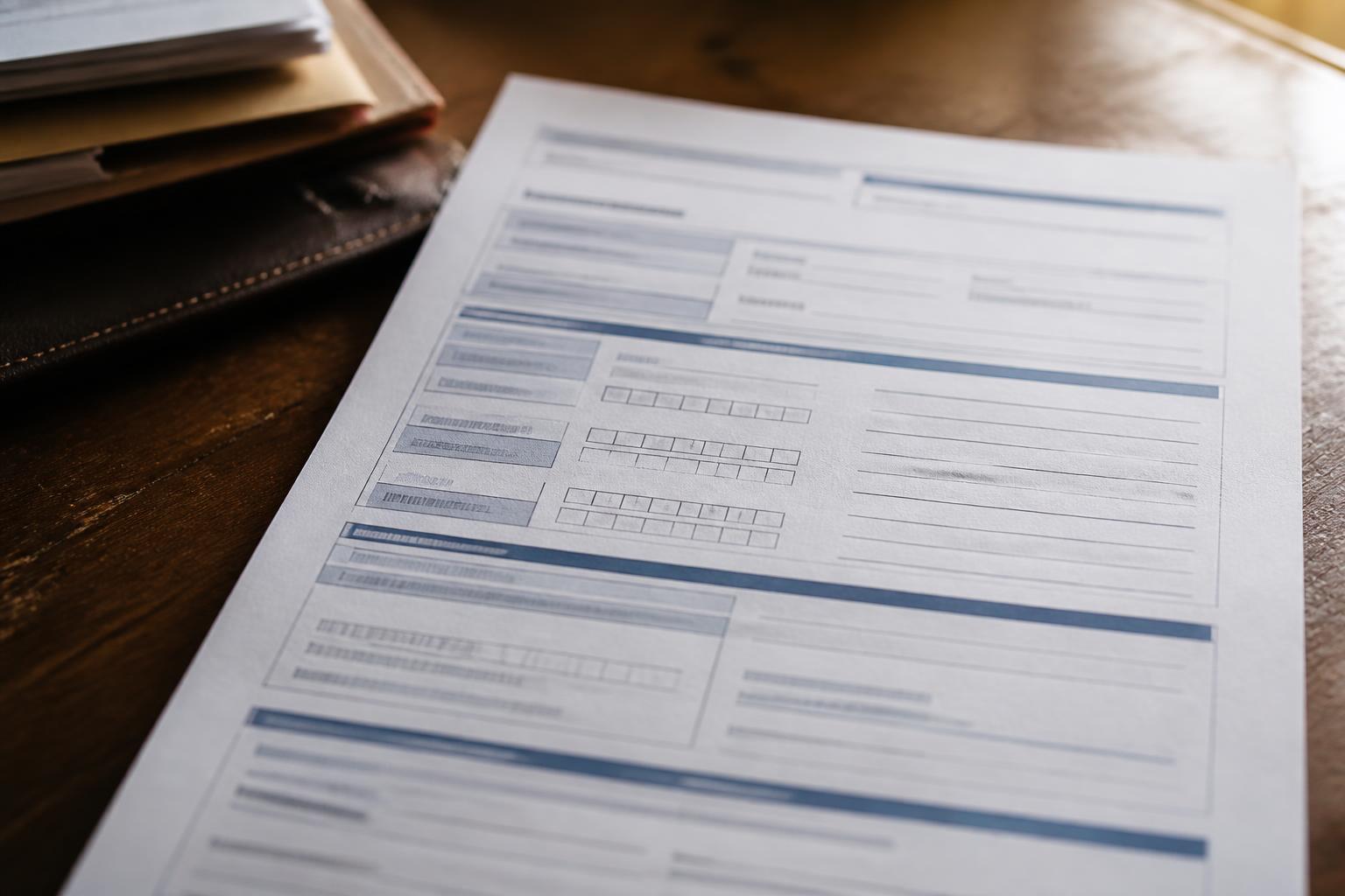 A printed form lies on a wooden table beside a stack of papers