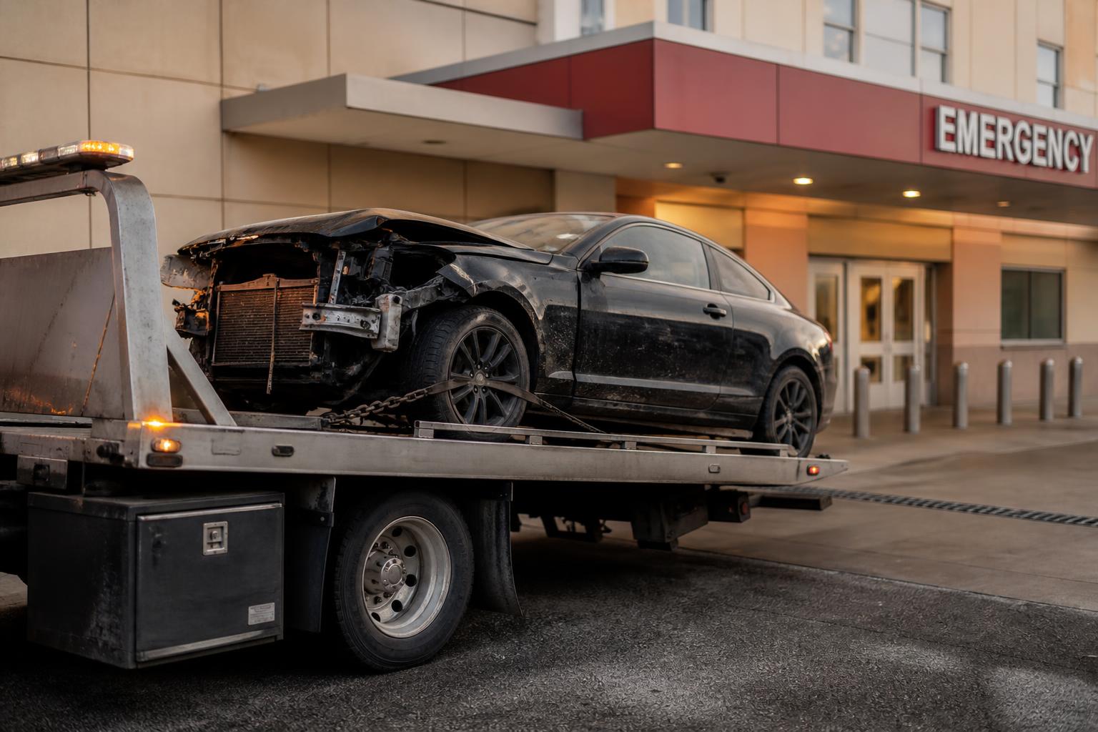 A damaged black car sits on a tow truck outside an emergency entrance