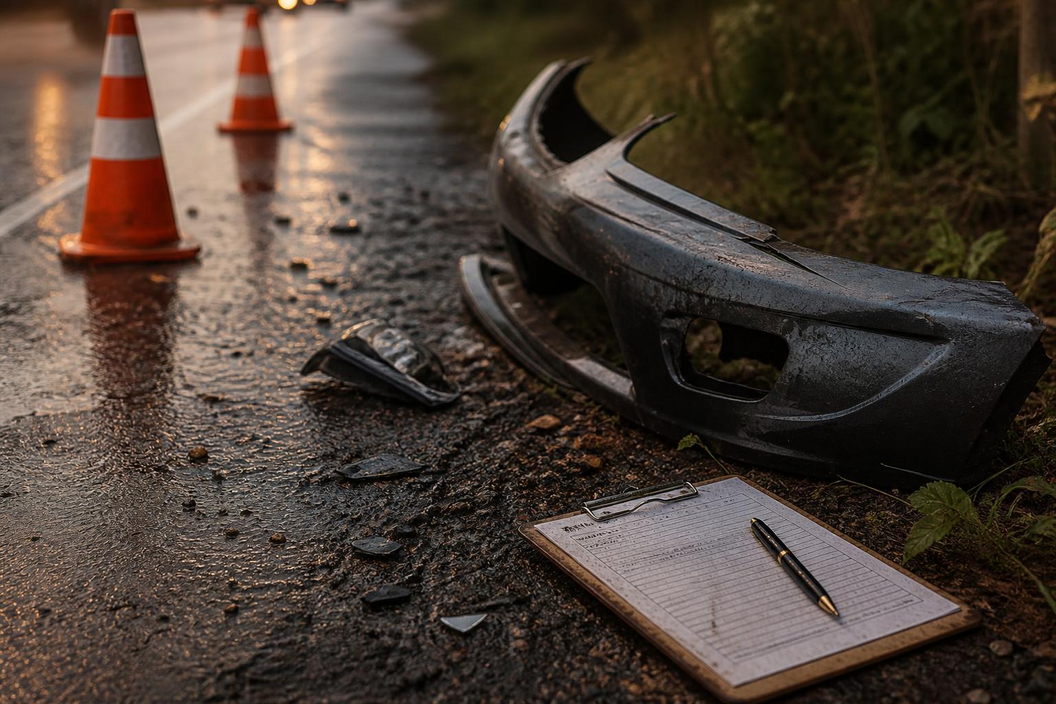 Traffic cones, car parts, and a clipboard lie beside a wet roadside