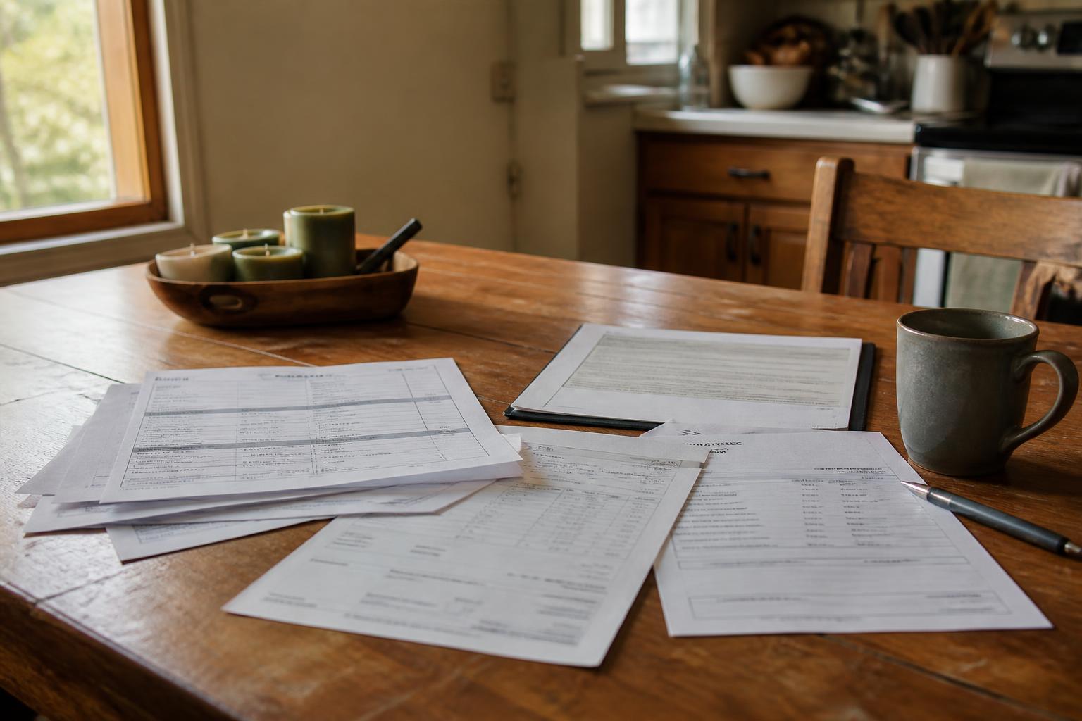 Paper forms, a pen, and a mug are spread across a wooden kitchen table