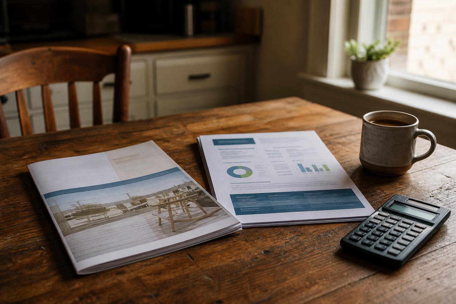 Printed reports, a calculator, and a mug sit on a wooden table