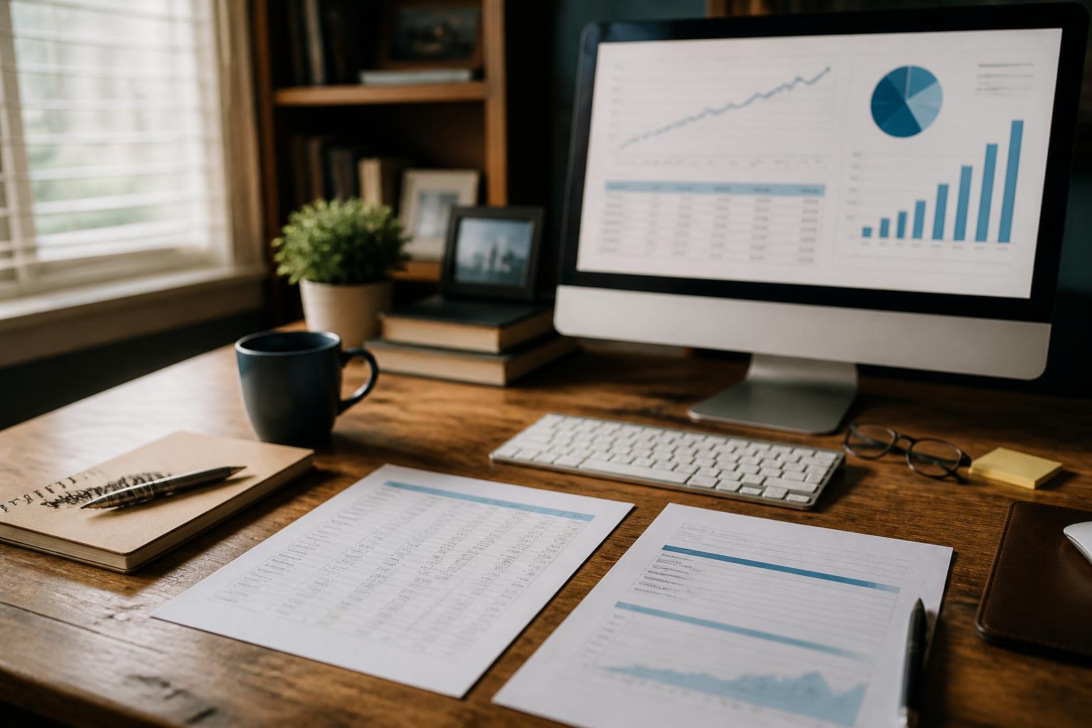 A desktop monitor displays charts above papers, keyboard, glasses, and desk items