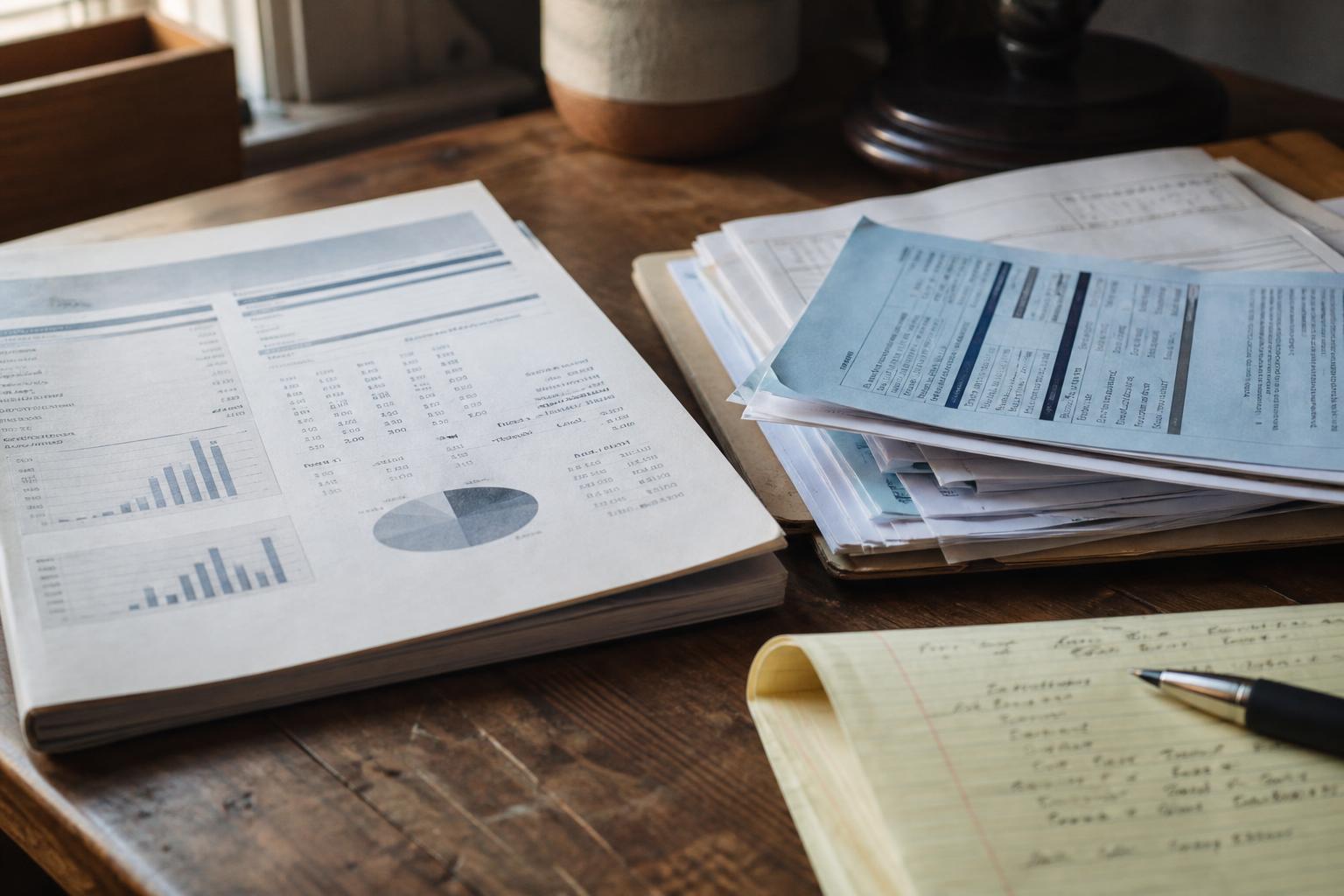 Financial documents, stacked papers, a notepad, and pen rest on a wooden table