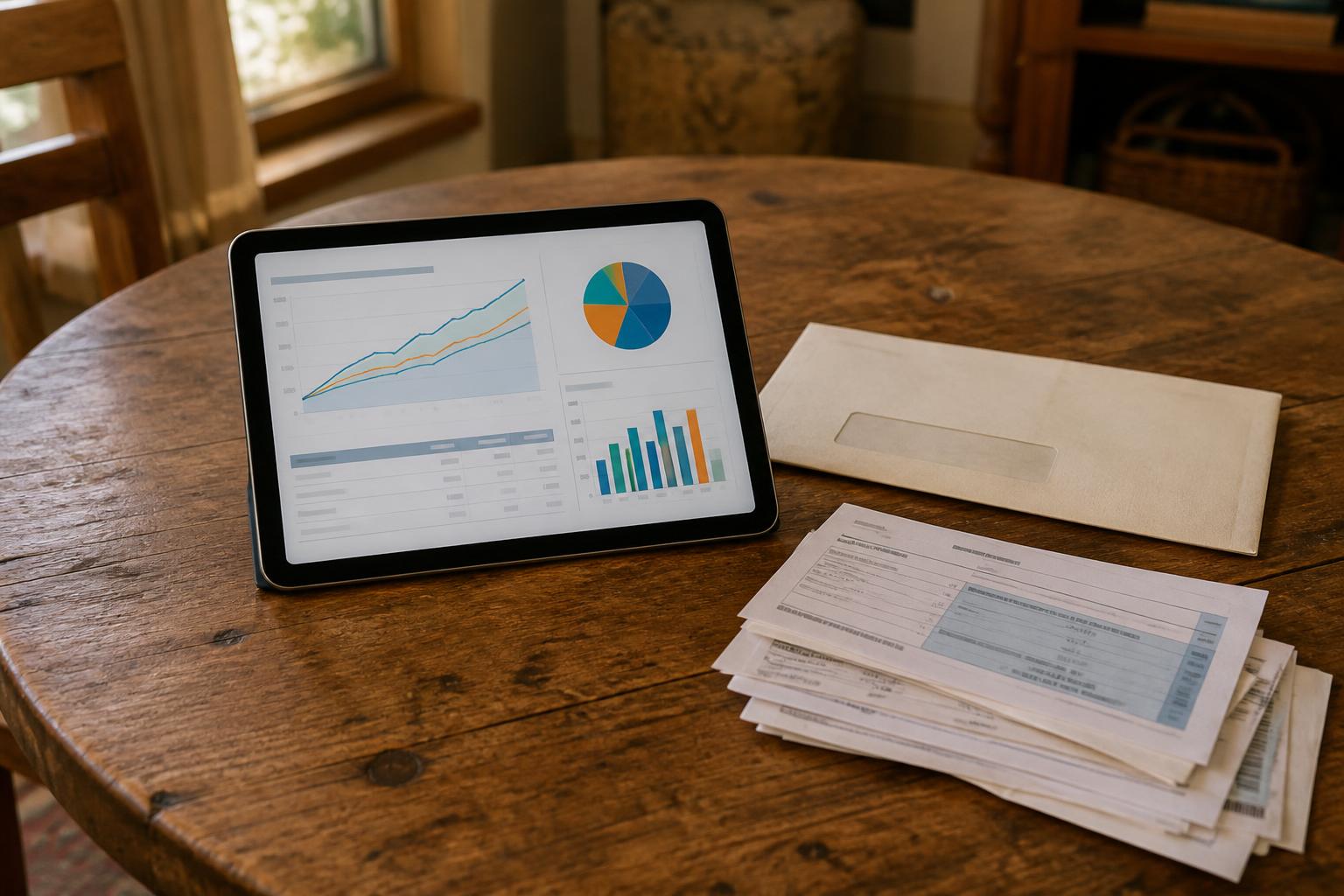 A tablet displays charts beside an envelope and stacked papers on a table