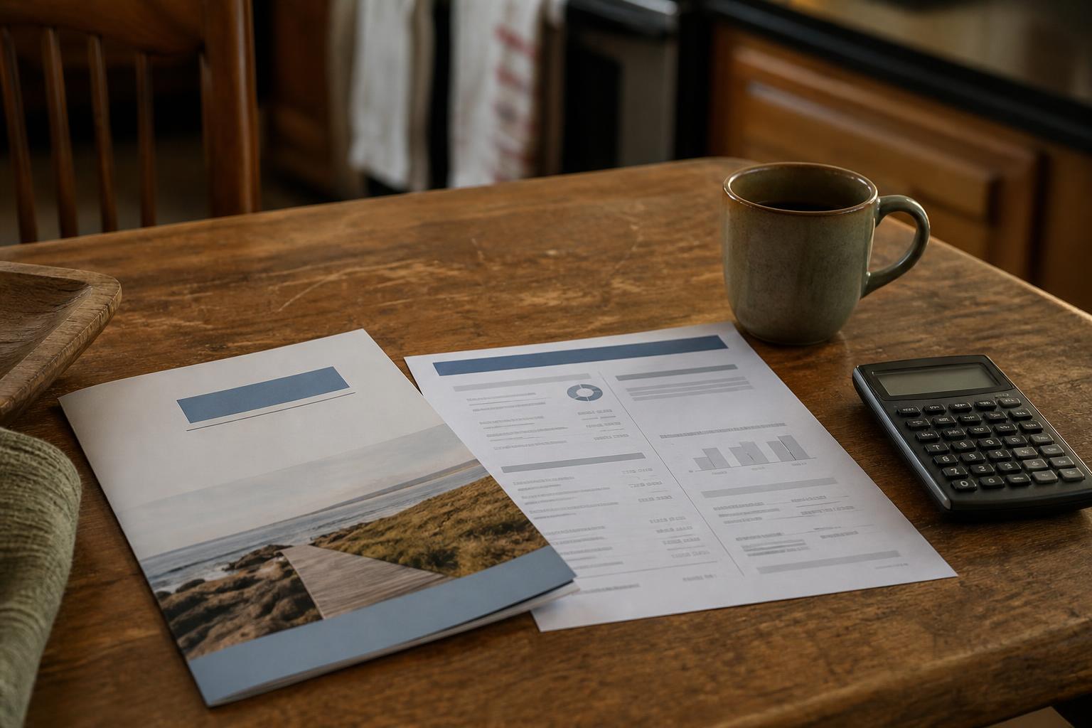 Wooden table holds printed documents, a calculator, and a mug in a kitchen