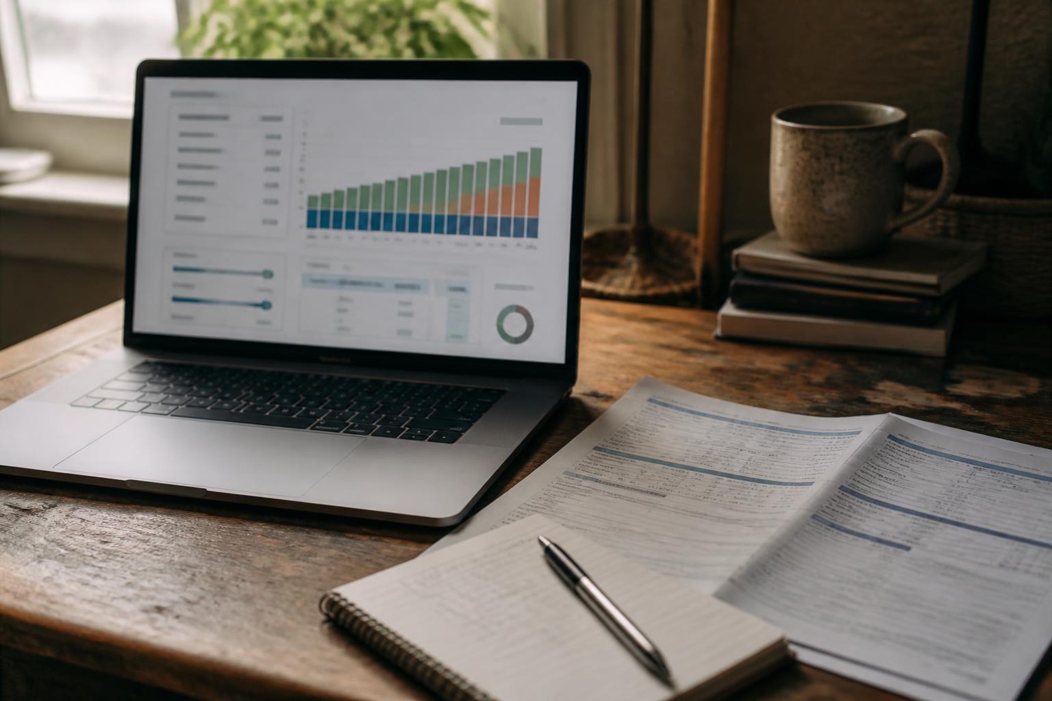 Laptop displays charts beside papers, notebook, pen, and mug on a wooden desk
