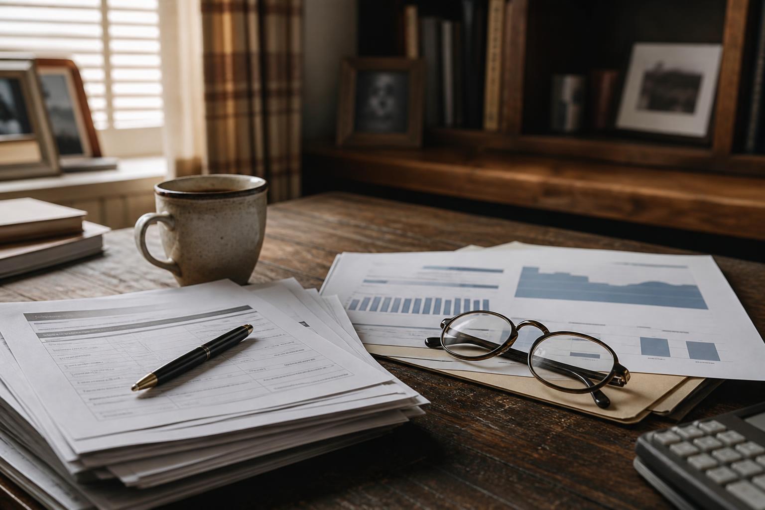 Desk holds papers, pen, glasses, calculator, and mug near shelves and window