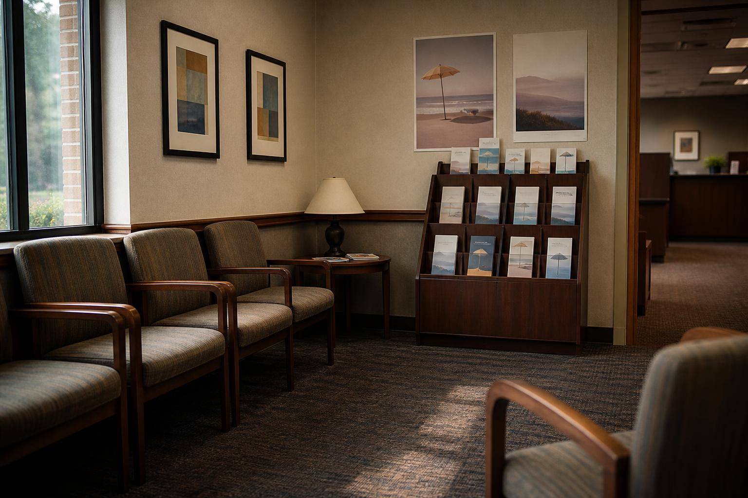 Waiting room contains chairs, wall art, lamp, and a brochure display stand