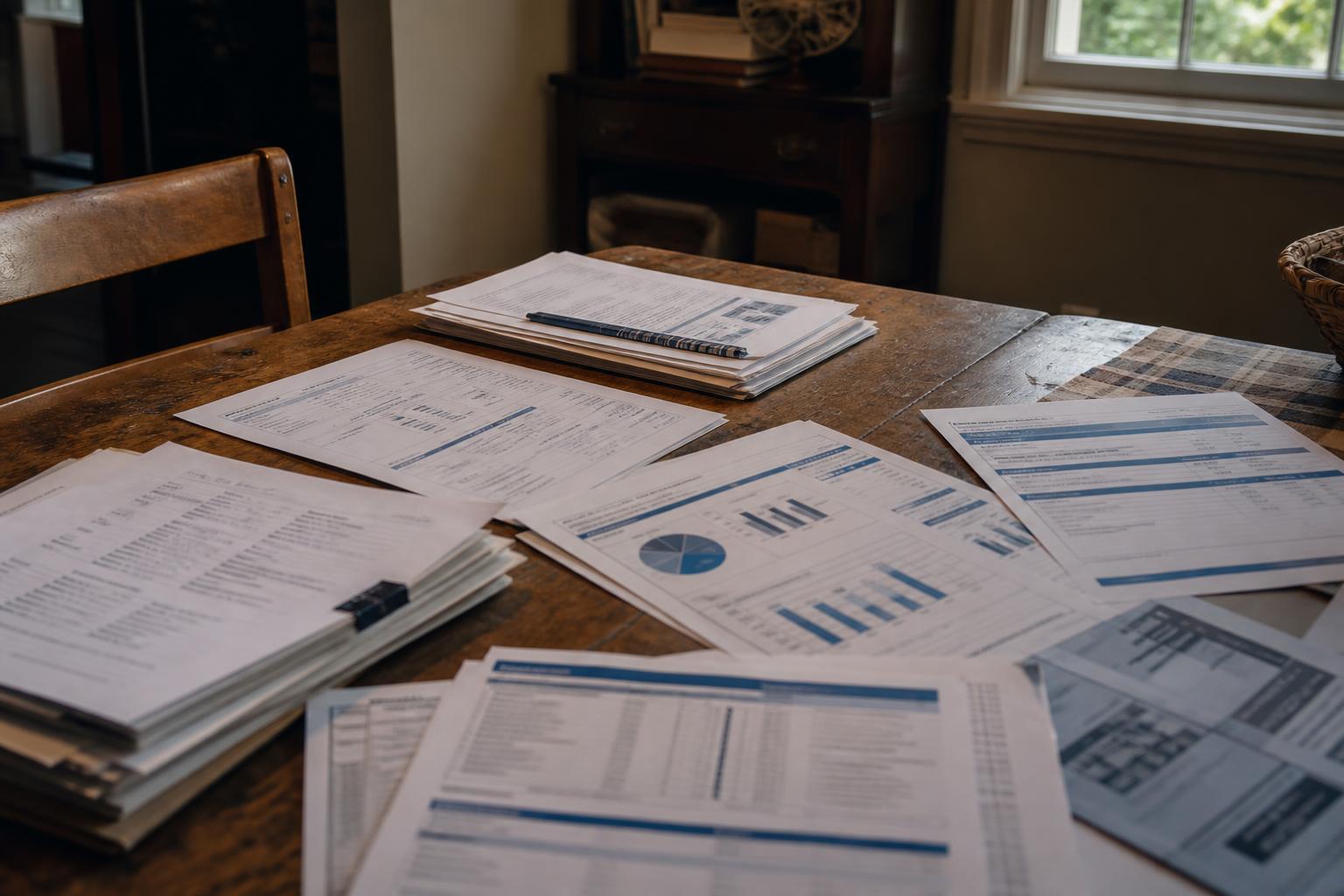 Wooden table is covered with financial forms, charts, folders, and a pencil