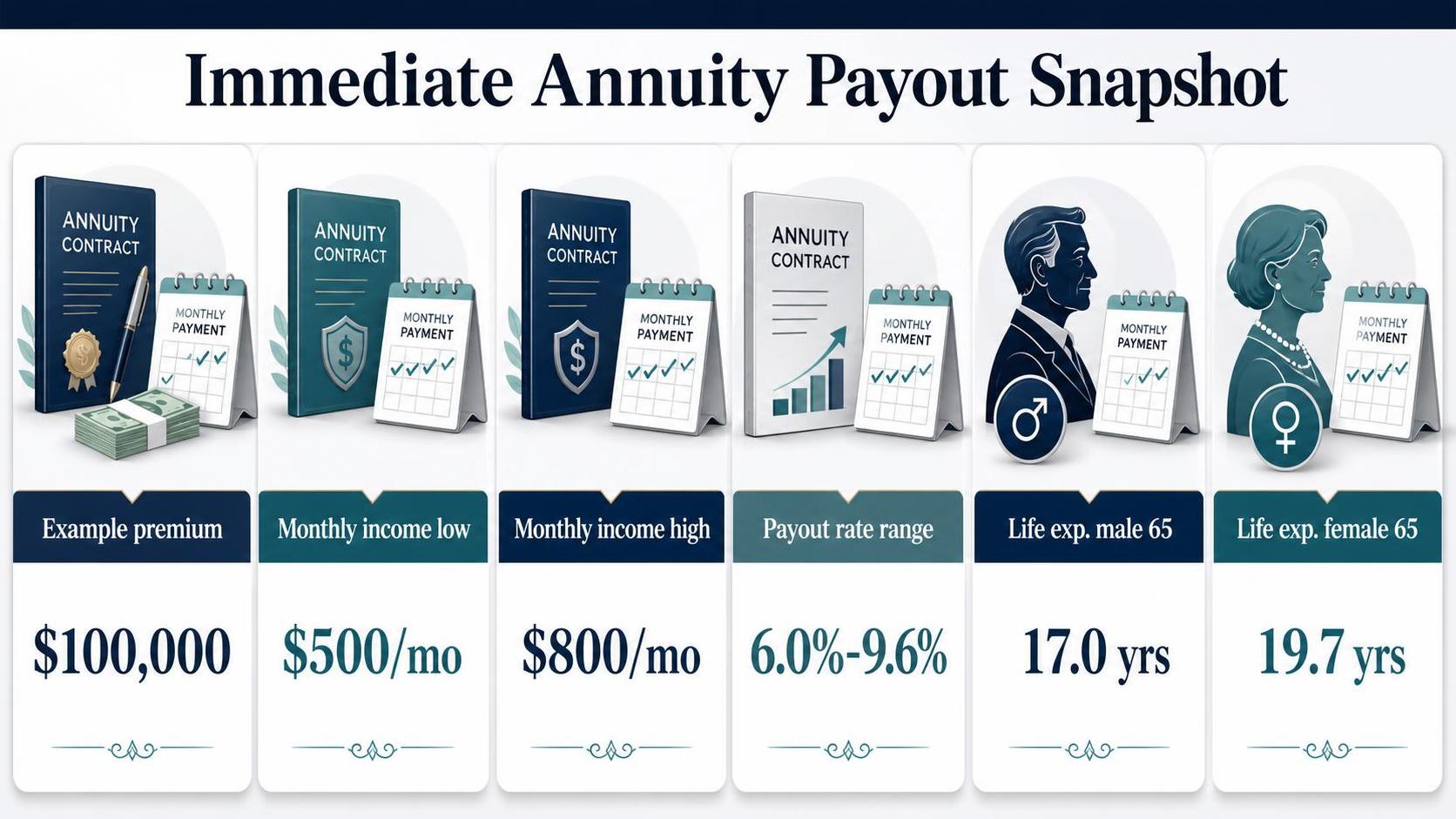 Infographic shows annuity payout figures with contract icons, calendars, and gender silhouettes