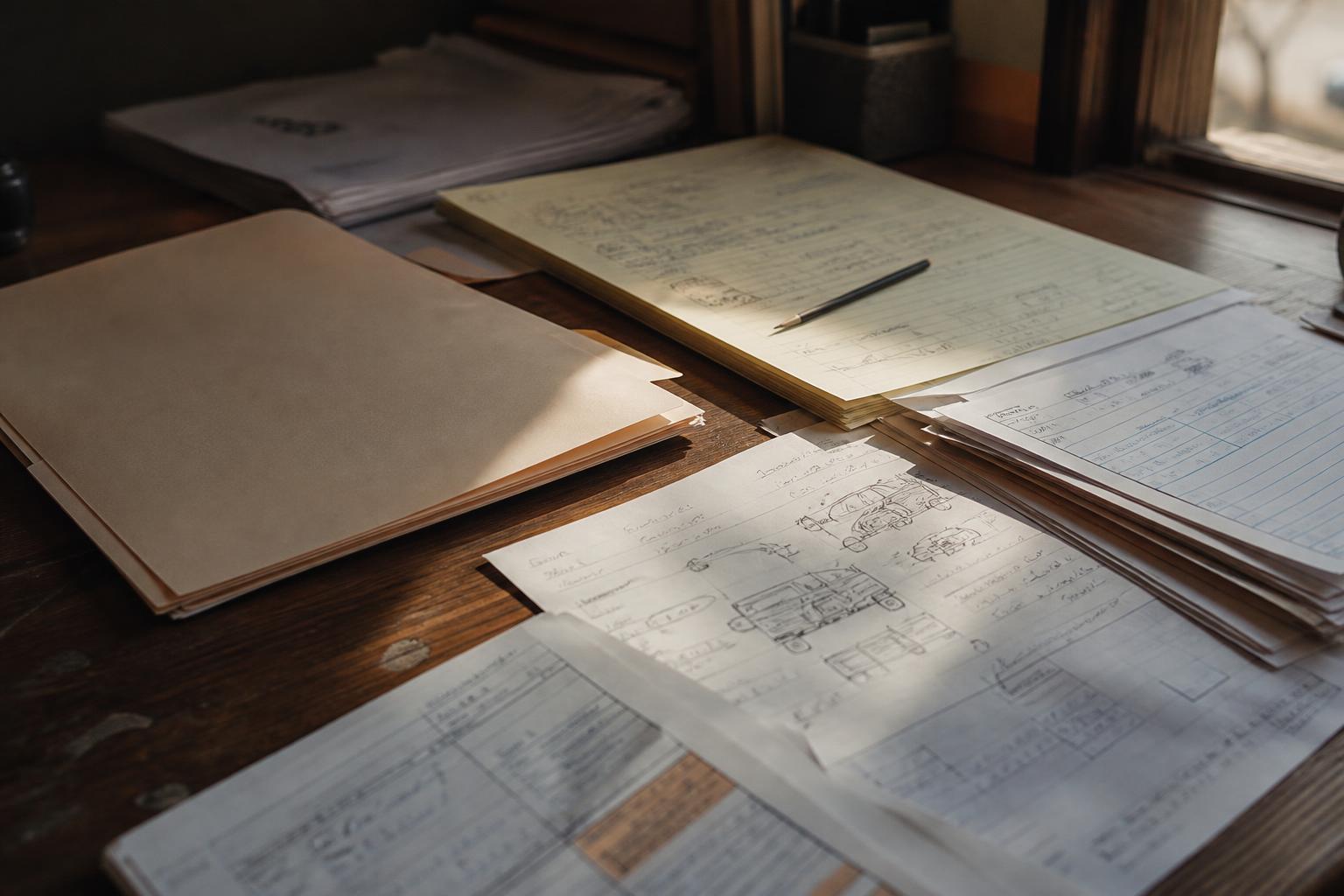 Papers, folders, and a pencil lie on a wooden desk near a window