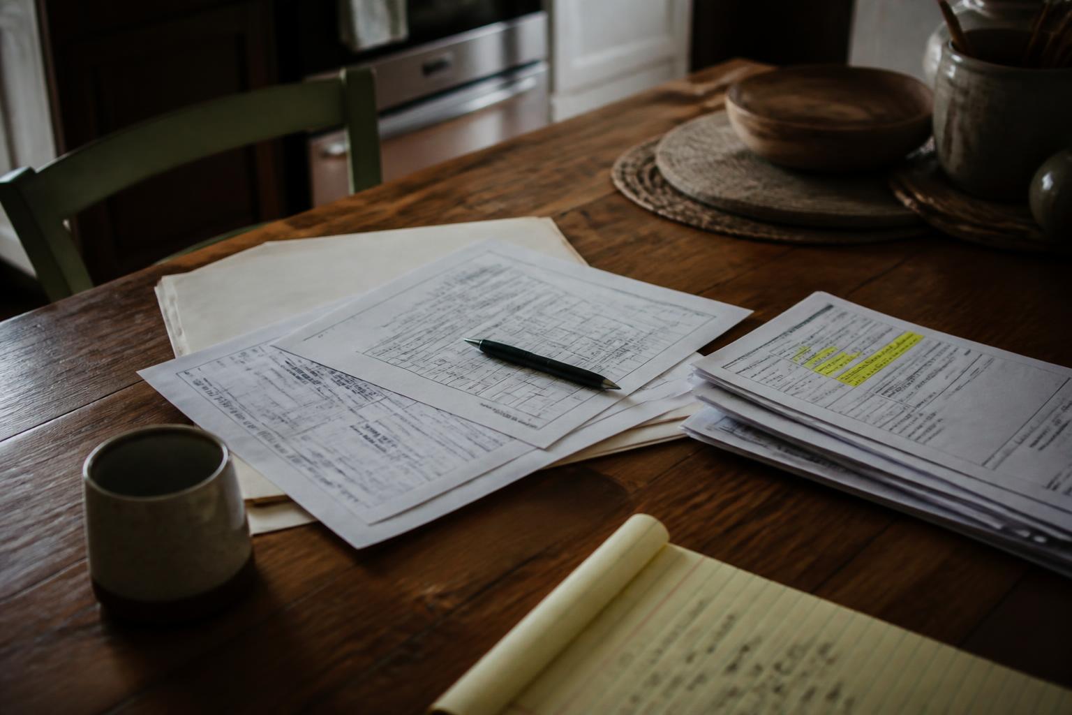 Printed forms, folders, a pen, and a mug sit on a wooden table