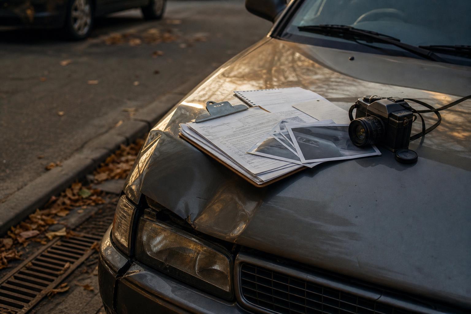 Documents, photographs, a clipboard, and a camera rest on a car hood