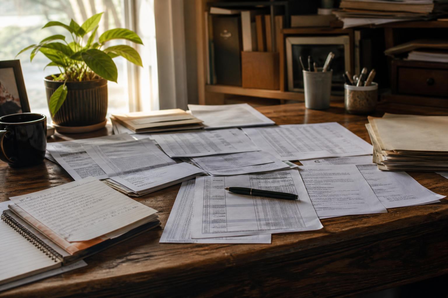Scattered papers, notebooks, a pen, and a plant cover a wooden desk