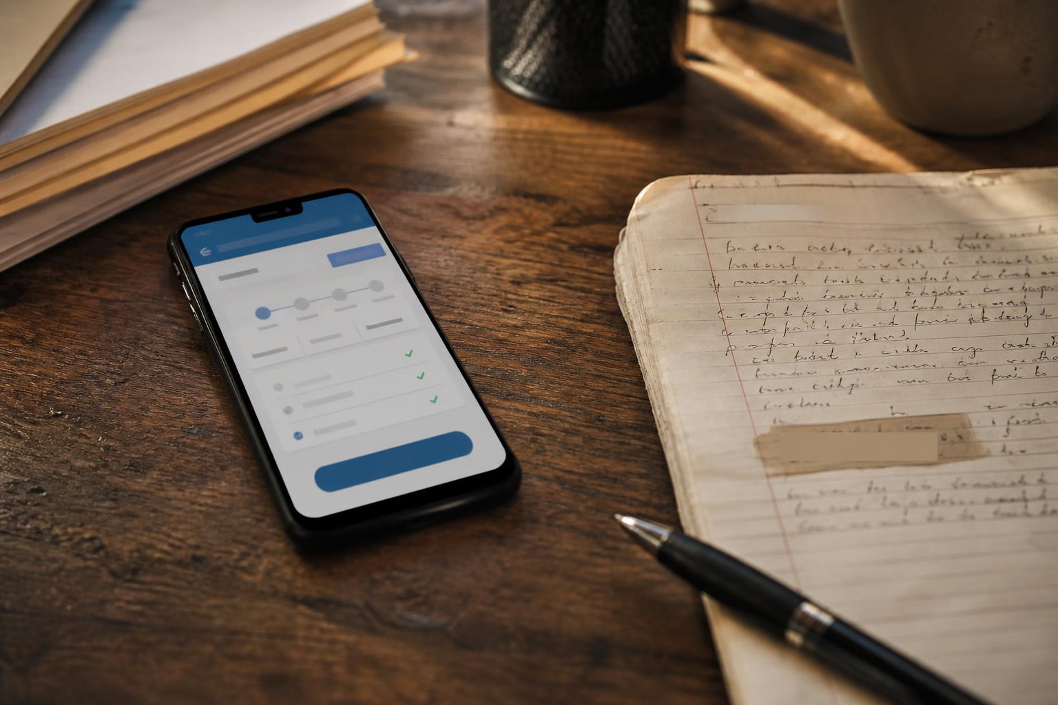 A smartphone, notebook, pen, and stacked folders sit on a wooden desk